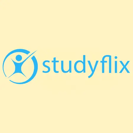 Ein Logo von Studyflix, das einen stilisierten menschlichen Umriss in Blau zeigt, der in einem kreisförmigen Rahmen integriert ist. Der Schriftzug "studyflix" ist ebenfalls in blauer Schrift dargestellt. Der Hintergrund ist hellbeige.