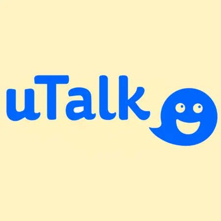 Logo von uTalk: Der Schriftzug "uTalk" ist in blauer Farbe gehalten, daneben befindet sich eine blaue Sprechblasen-Ikone mit einem lächelnden Gesicht. Das Design vermittelt ein freundliches und einladendes Gefühl, das zum sprechen und kommunizieren anregt.